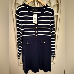 MEROKEETY Long Sleeve Striped Sweater Dress Button Crewneck Bodycon Mini Dress